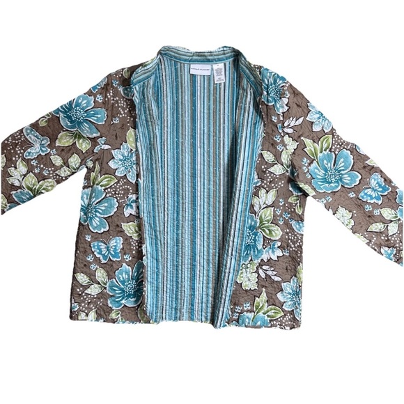 Alfred Dunner Lightweight Blue & Brown Floral Striped Quilted Jacket Size 12 - Picture 4 of 7